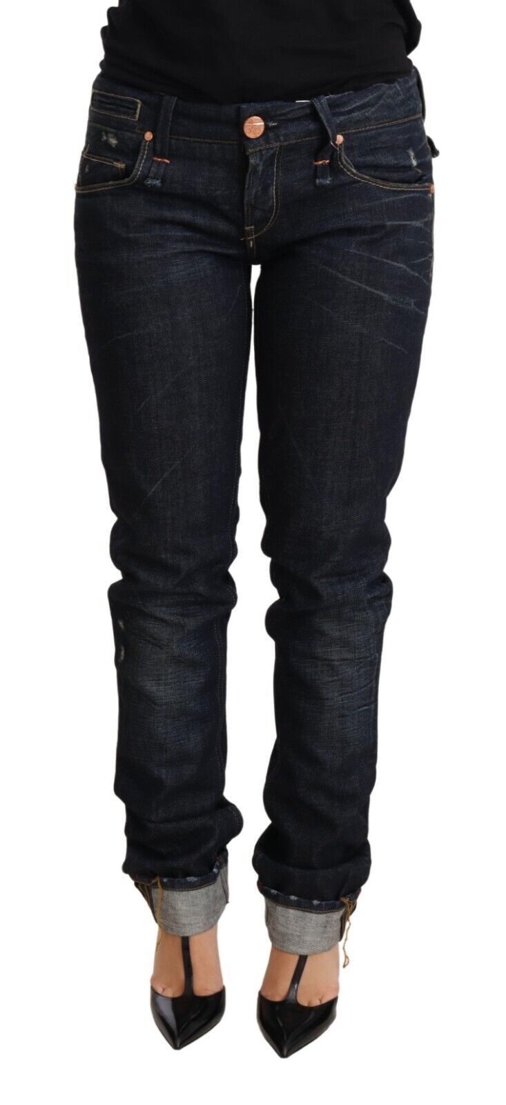 Elegant Low Waist Skinny Dark Blue Jeans - ventzia