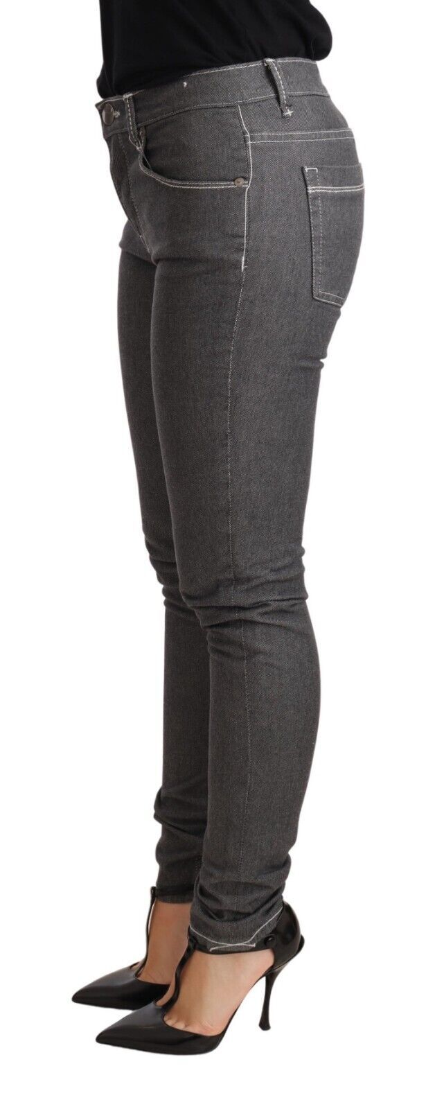 Elegant Gray Mid Waist Skinny Jeans - ventzia