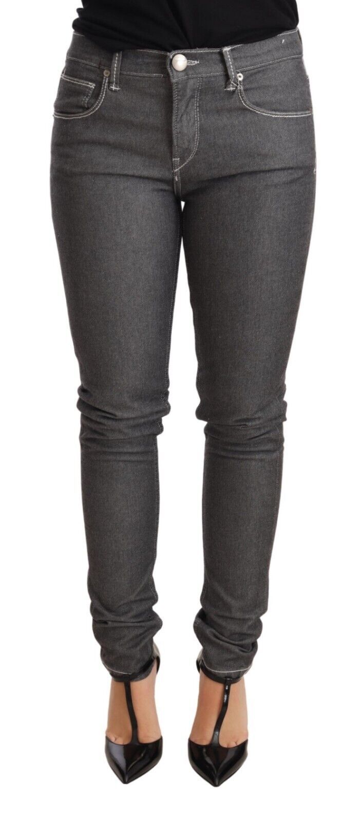 Elegant Gray Mid Waist Skinny Jeans - ventzia