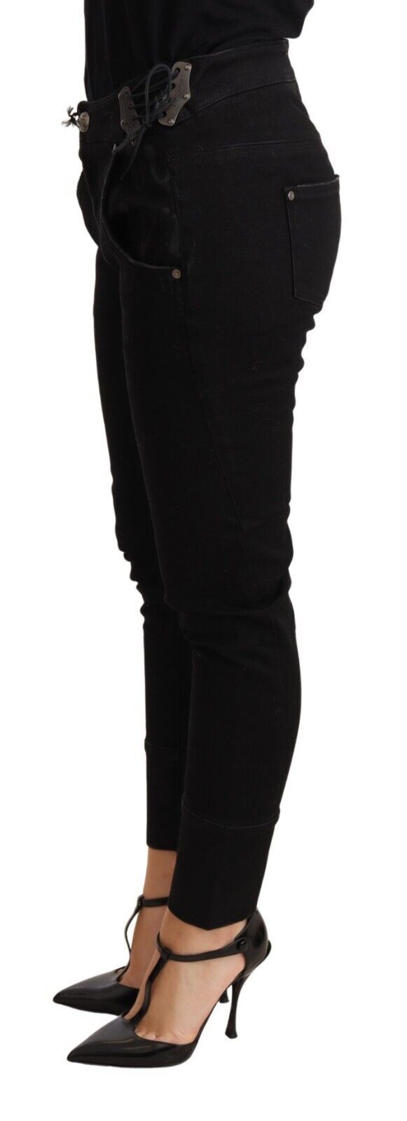 Chic Low Waist Skinny Black Cotton Trousers - ventzia