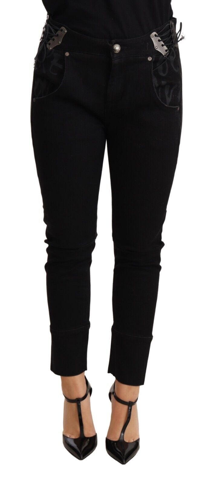 Chic Low Waist Skinny Black Cotton Trousers - ventzia