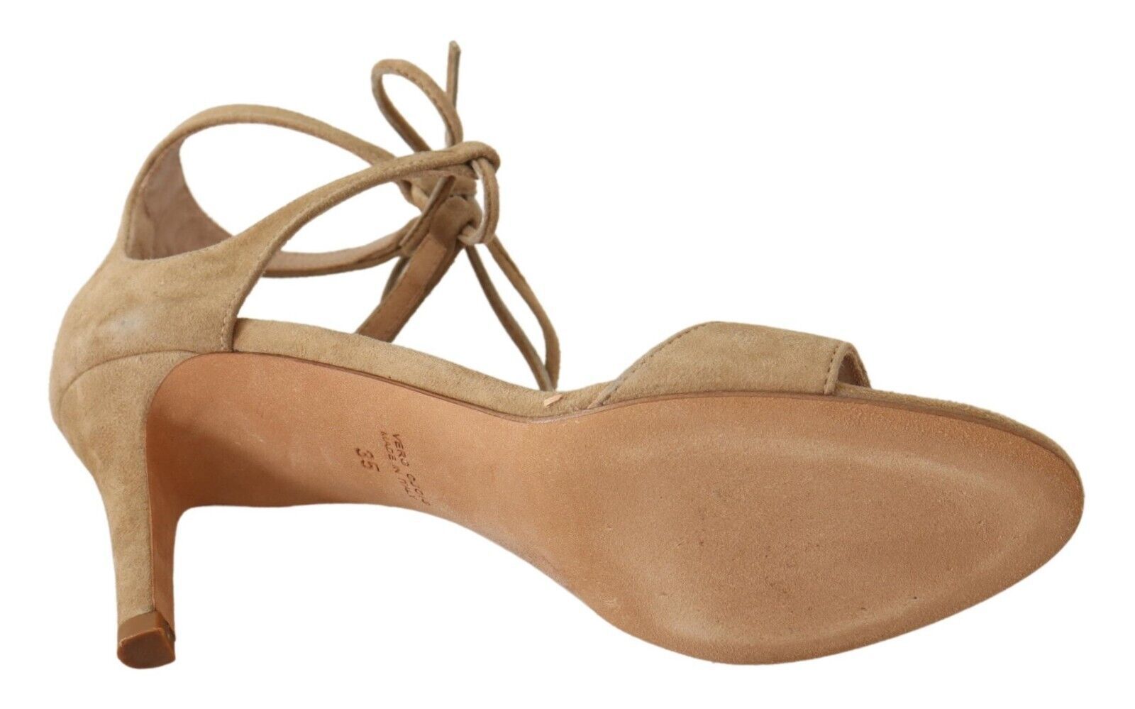 Elegant Beige Suede Ankle Strap Heels - ventzia