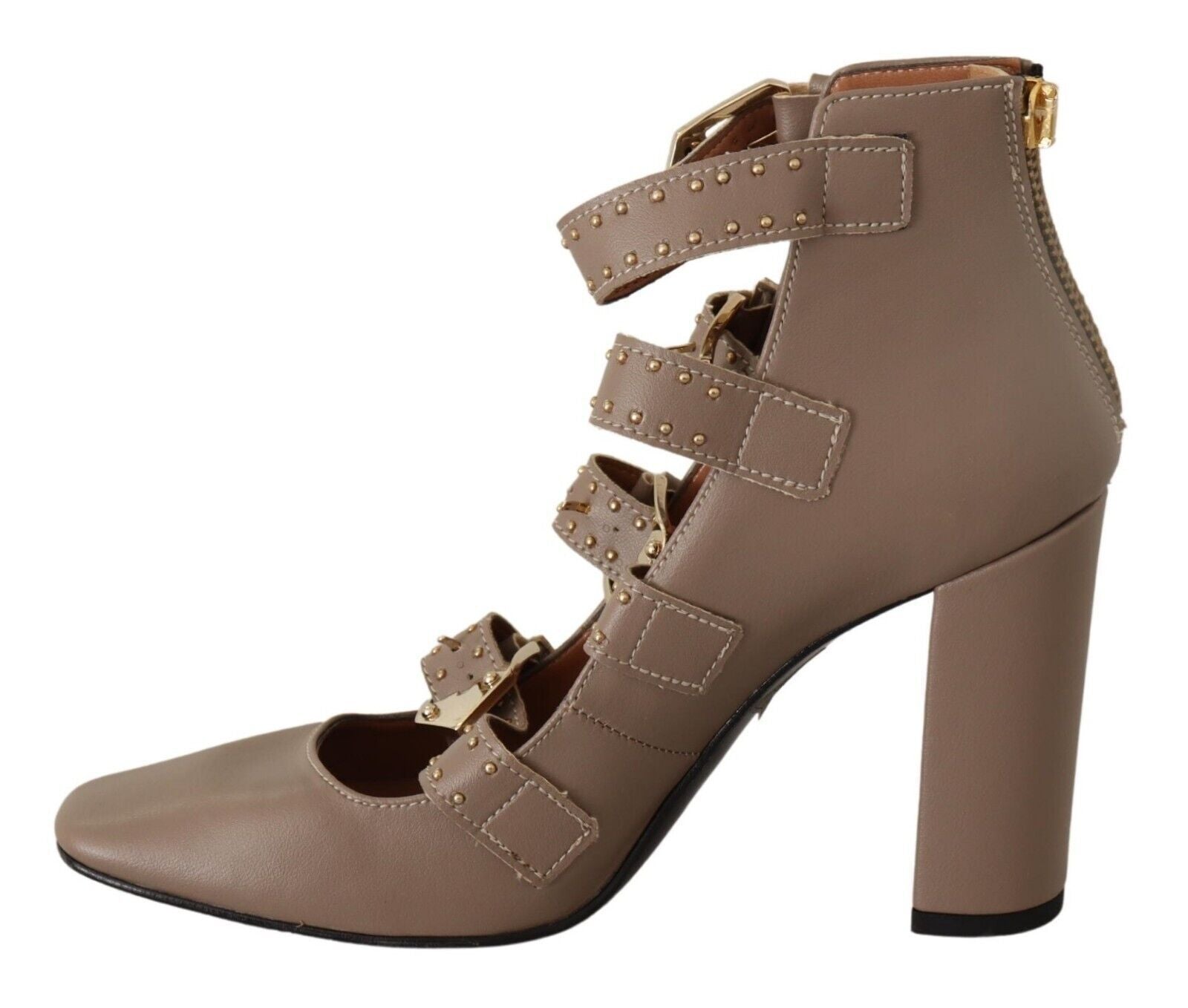 Elegant Leather Multi-Buckle Heels in Brown - ventzia
