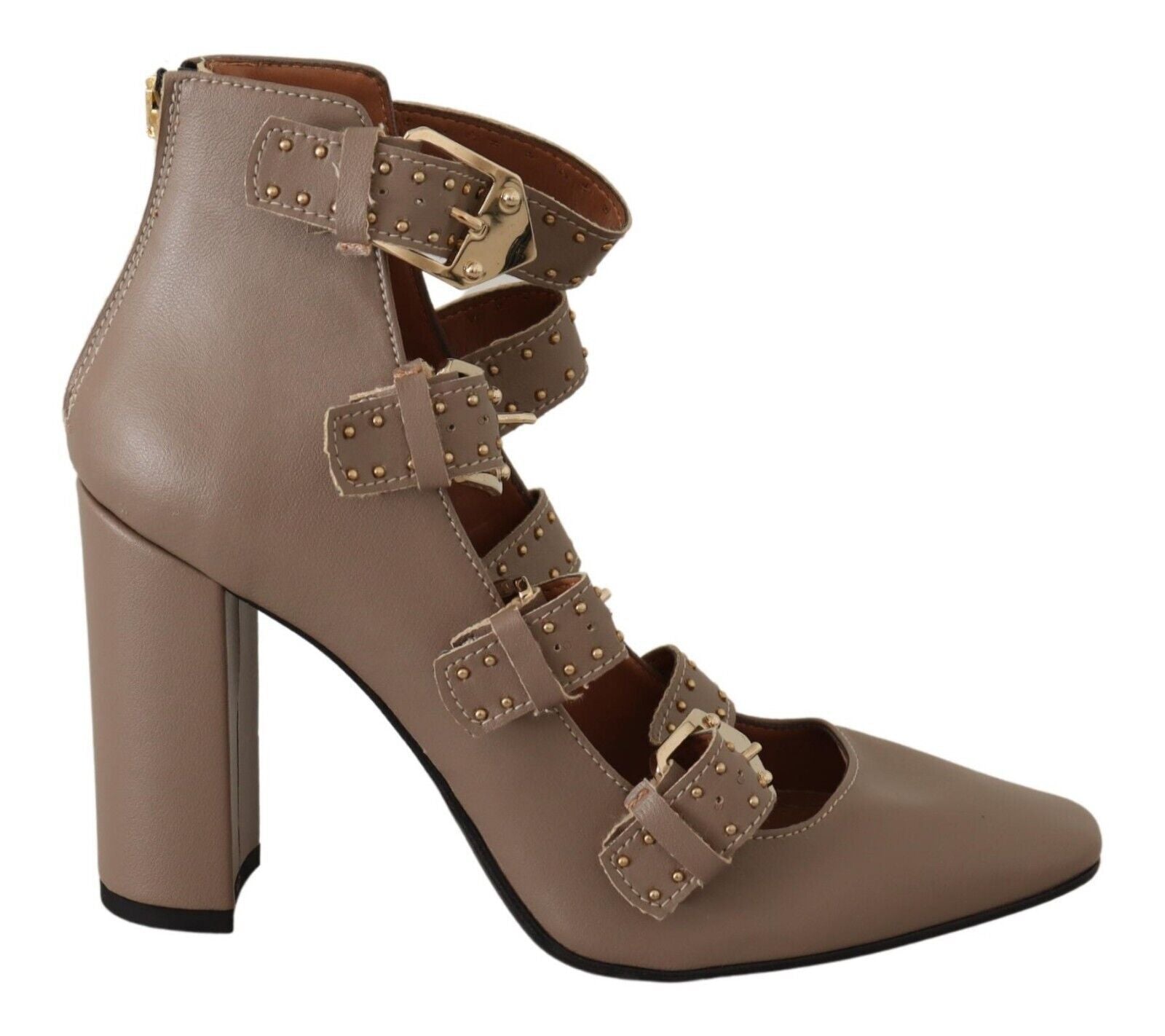 Elegant Leather Multi-Buckle Heels in Brown - ventzia