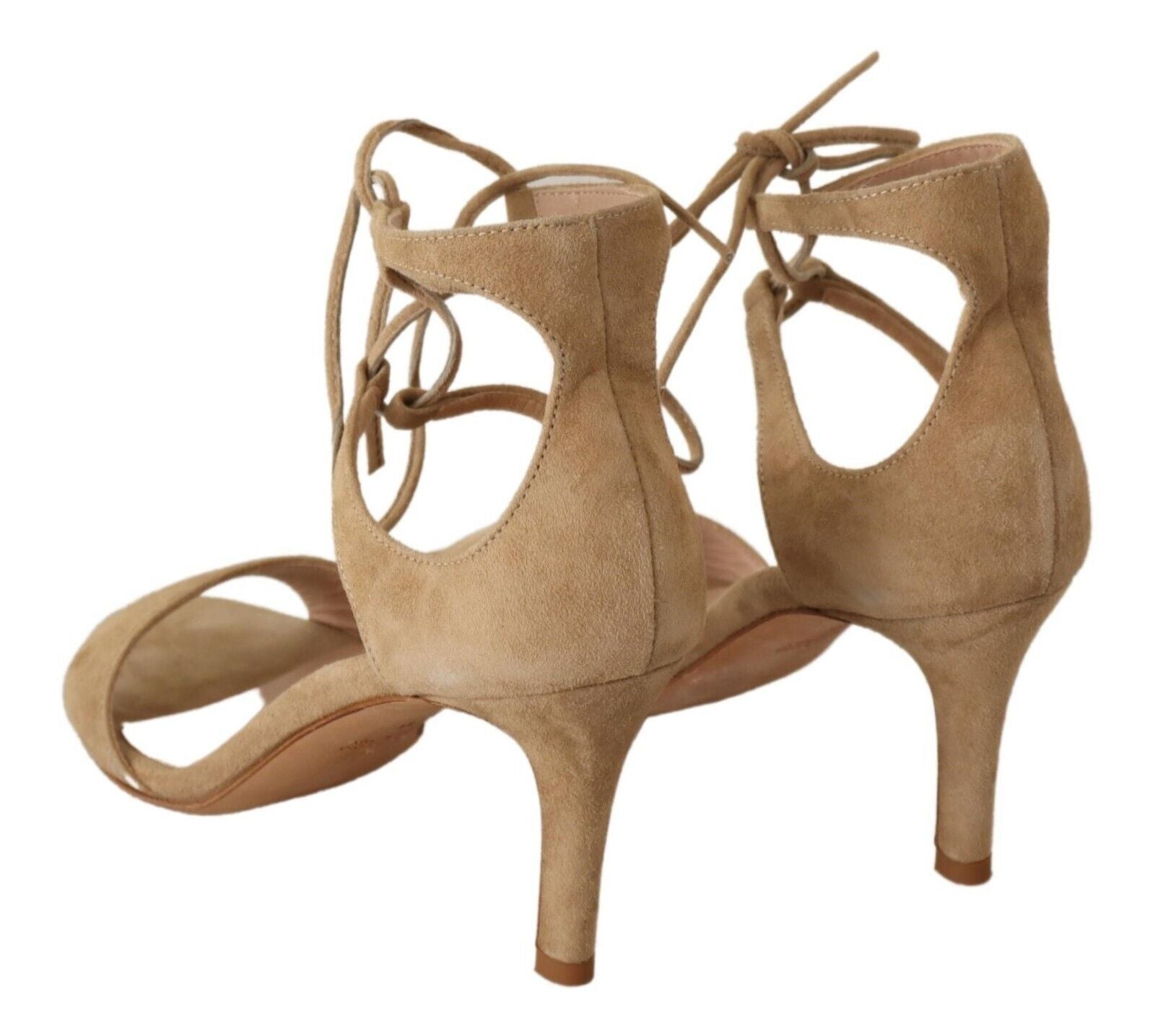 Elegant Beige Suede Ankle Strap Heels - ventzia