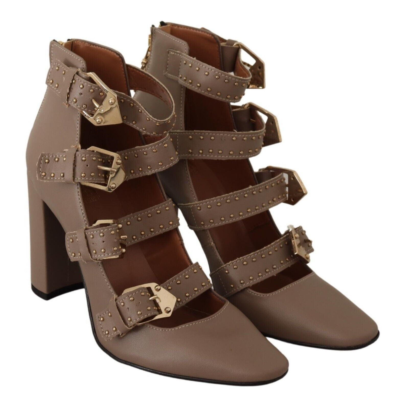 Elegant Leather Multi-Buckle Heels in Brown - ventzia