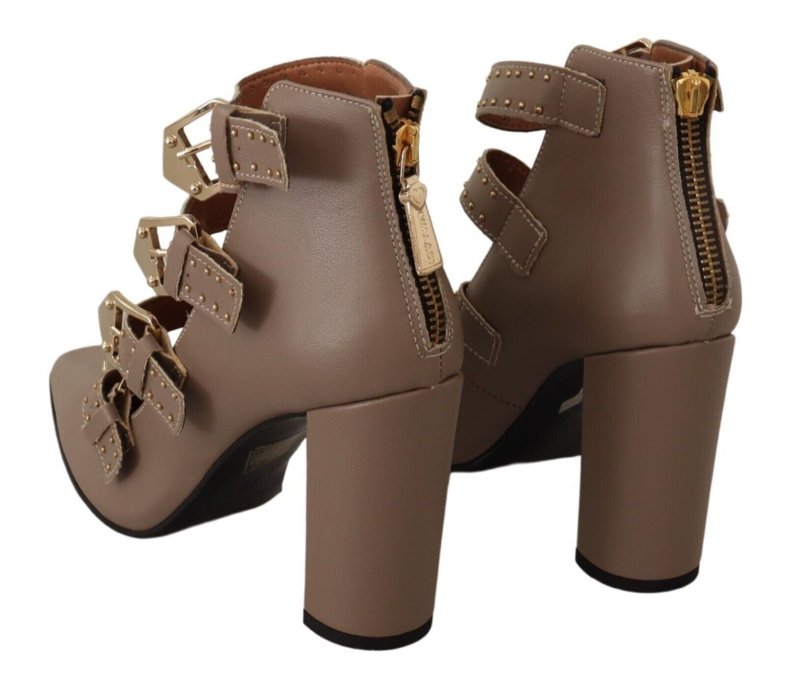 Elegant Leather Multi-Buckle Heels in Brown - ventzia
