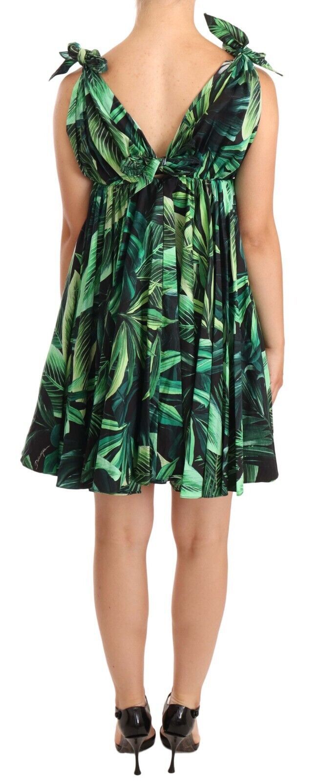 Green Leaves Print Cotton Flared Mini Dress - ventzia
