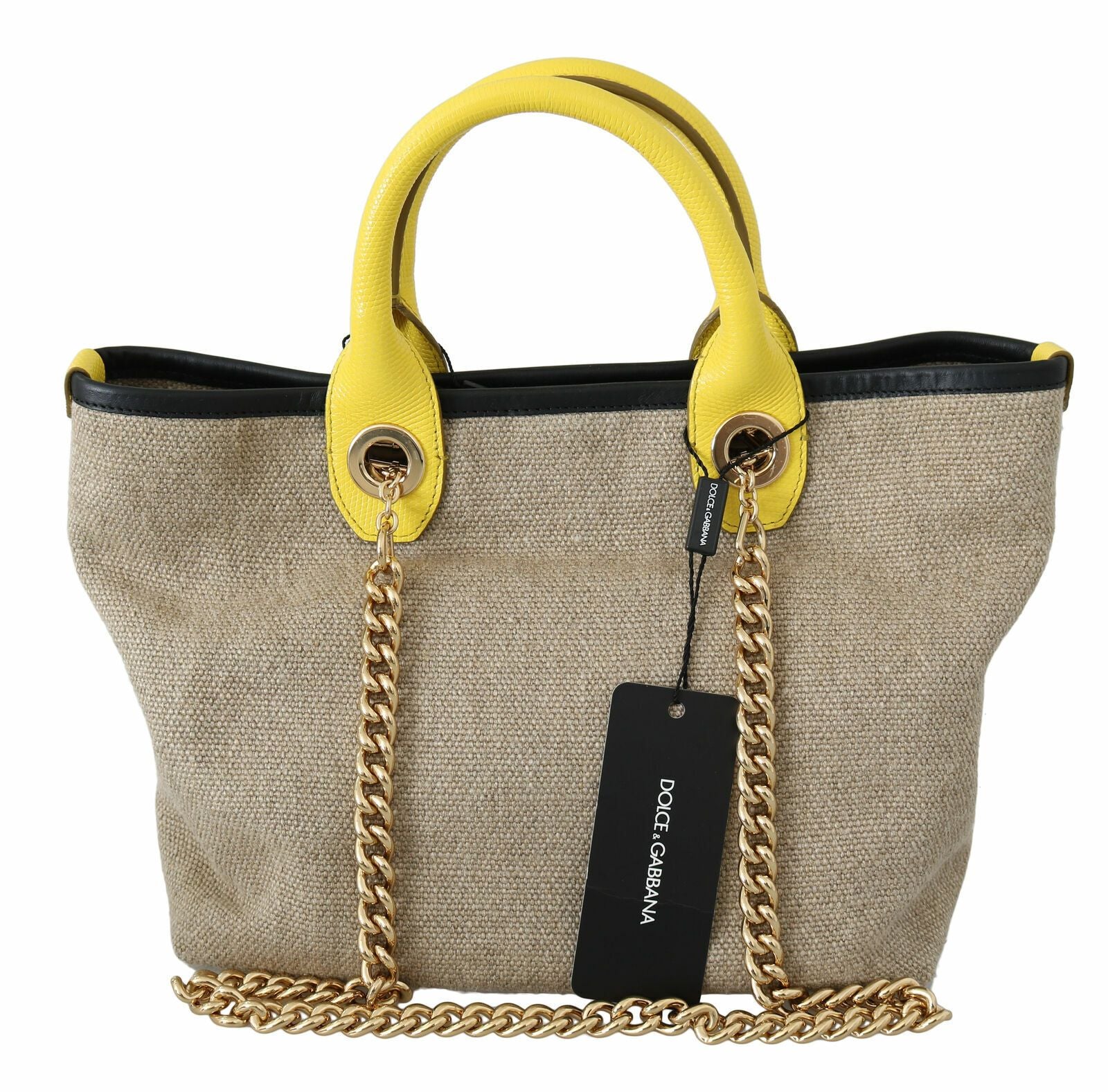 Beige Linen-Calf Tote with Gold Chain - ventzia