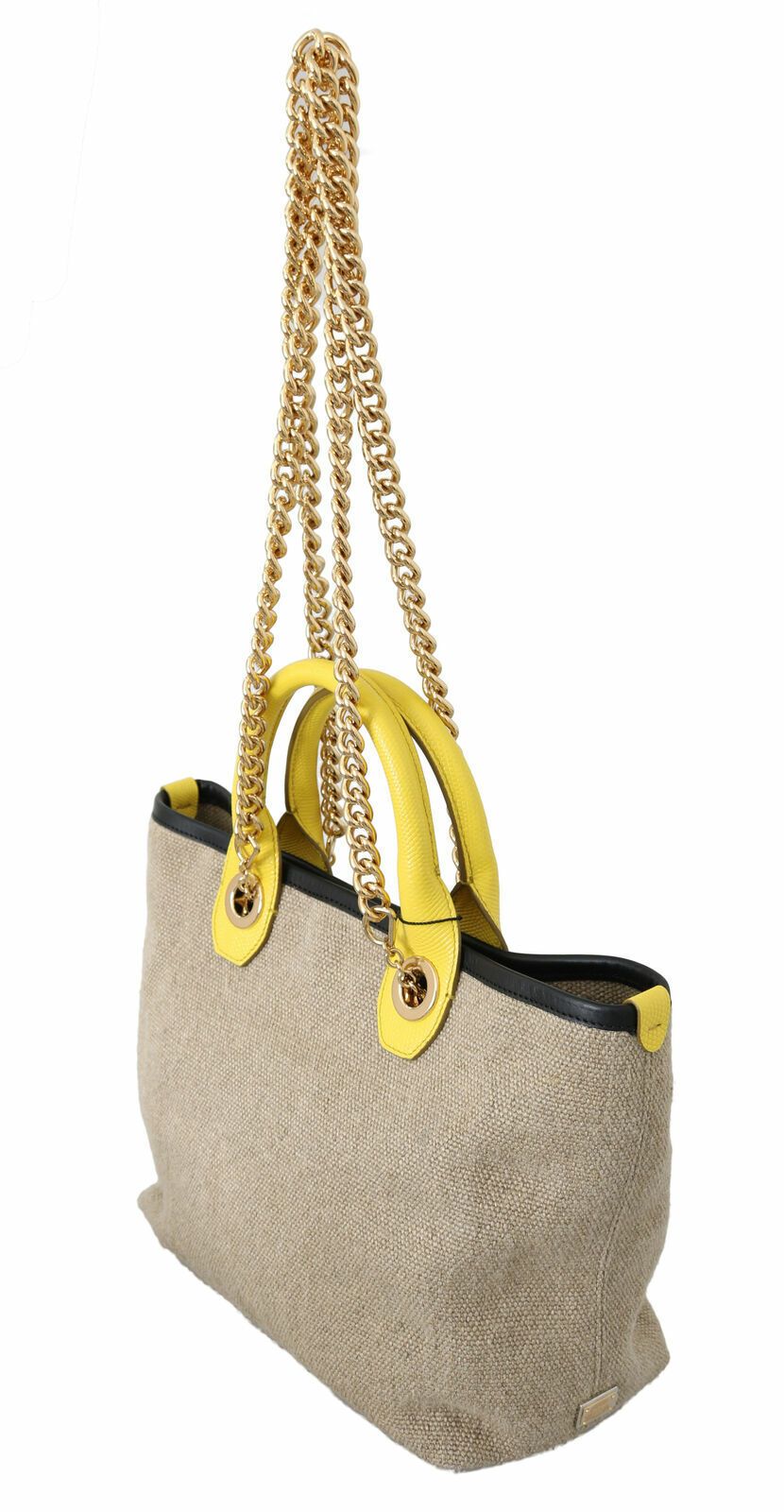 Beige Linen-Calf Tote with Gold Chain - ventzia