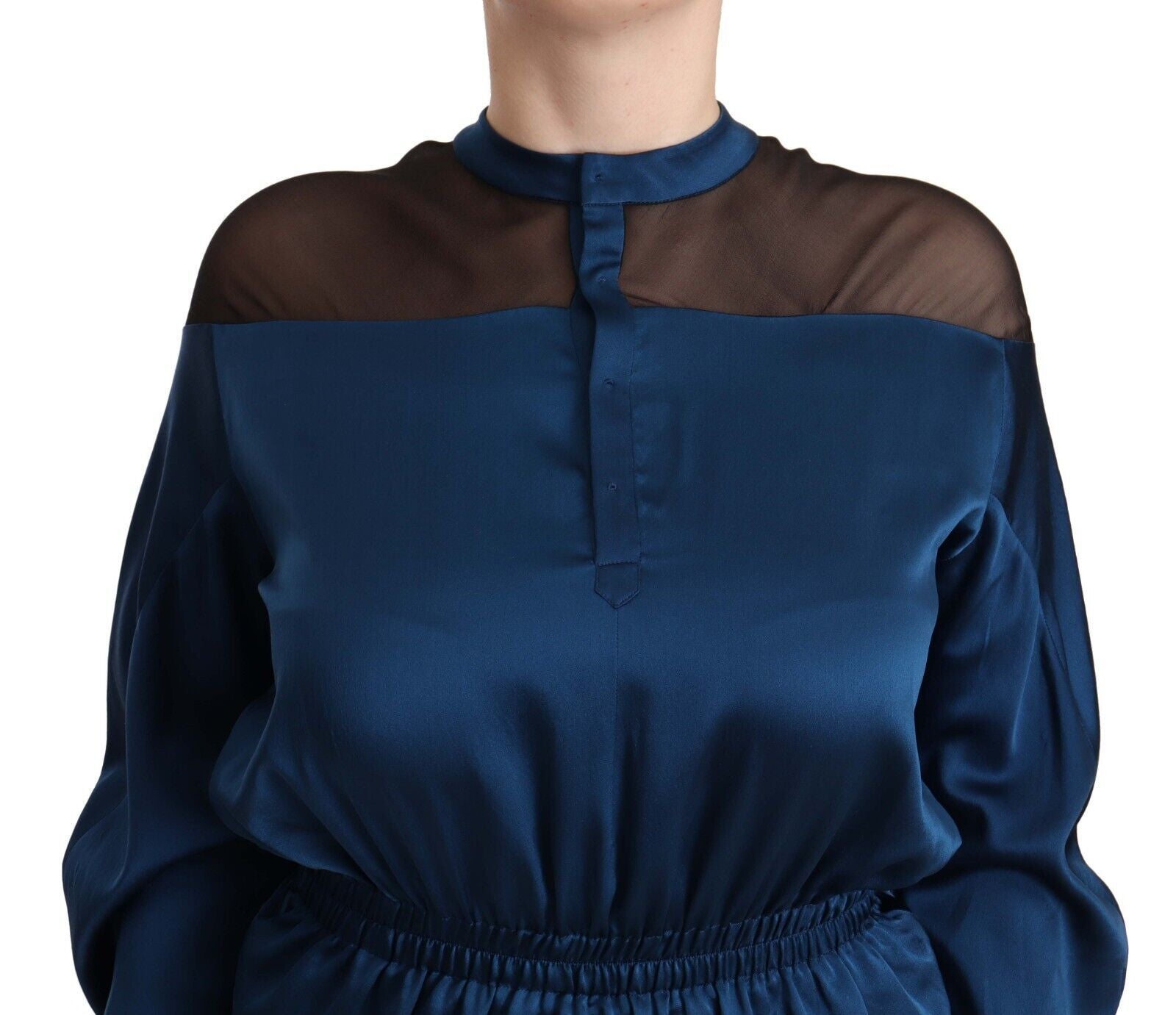 Elegant Crew Neck Silk Blouse in Blue - ventzia