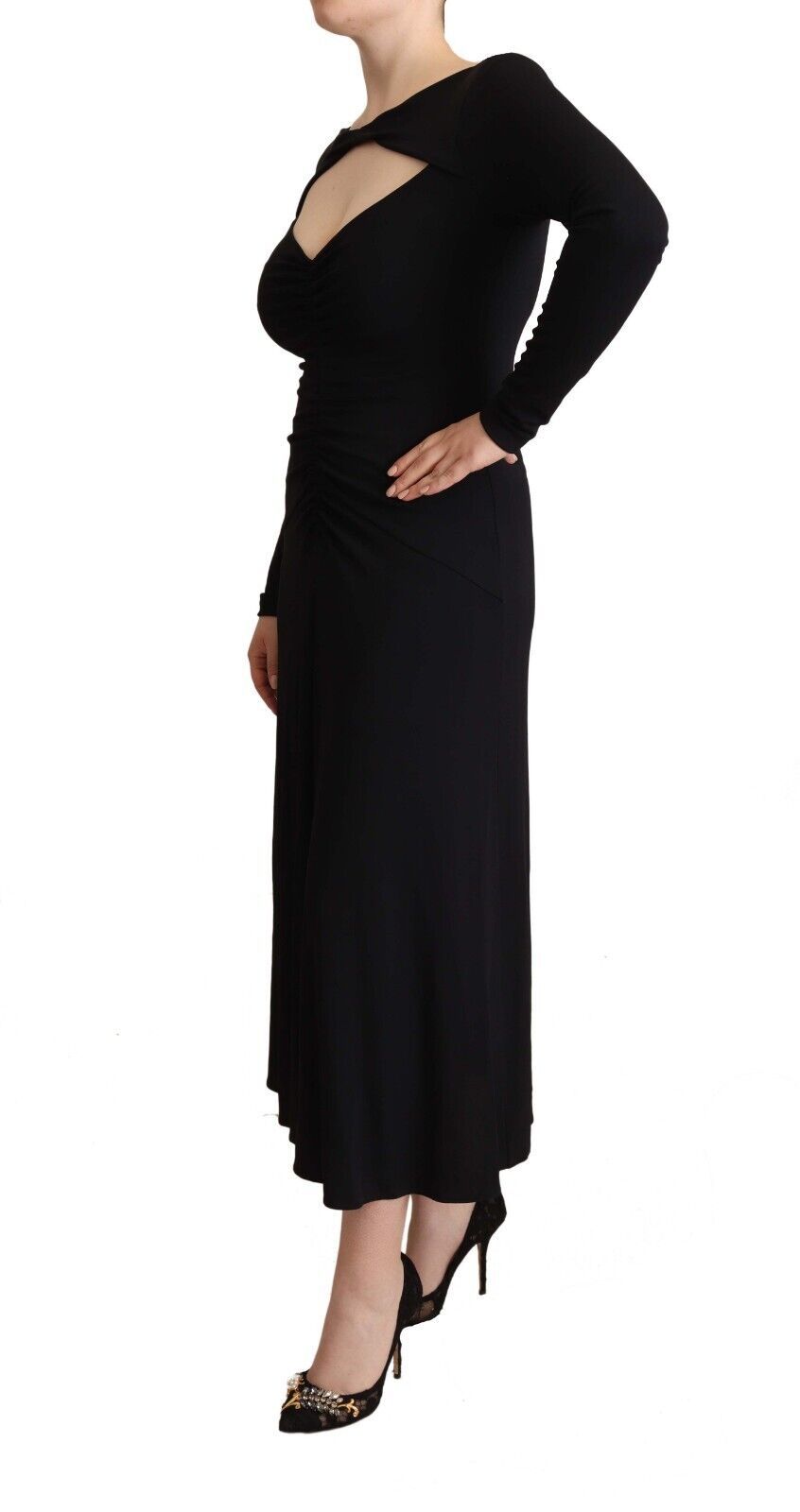 Elegant Black Nylon Stretch Maxi Dress - ventzia