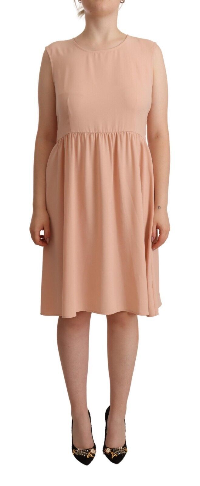 Elegant Beige Sleeveless Shift Dress - ventzia