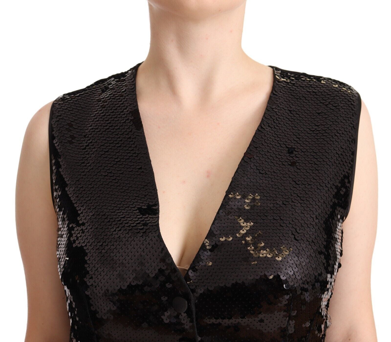 Elegant Black Sequined Sleeveless Vest Top - ventzia