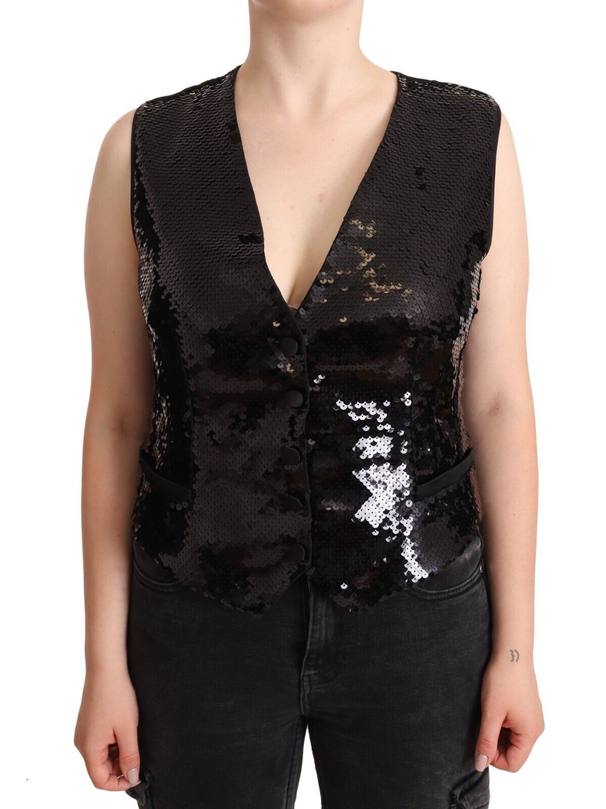 Elegant Black Sequined Sleeveless Vest Top - ventzia