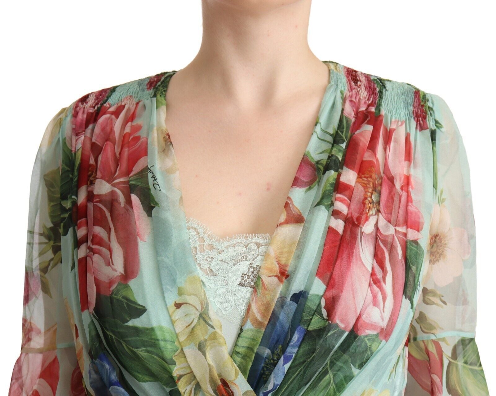 Elegant Floral Green Midi Silk Dress - ventzia