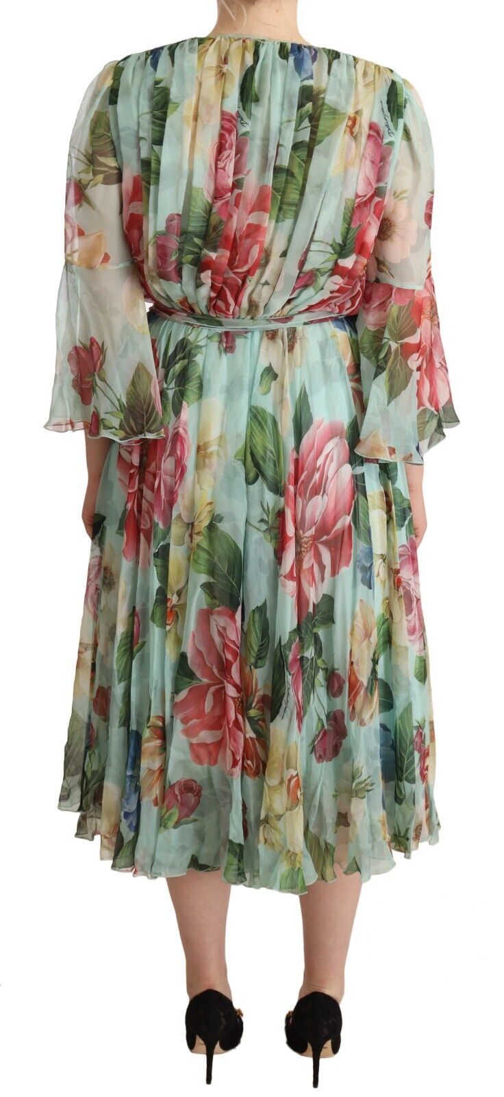 Elegant Floral Green Midi Silk Dress - ventzia