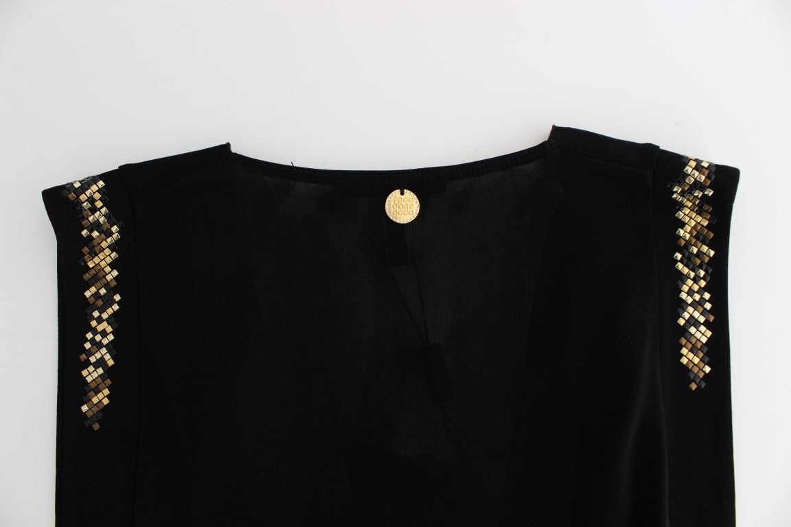 Elegant Sleeveless Black Mini Dress with Gold Details - ventzia