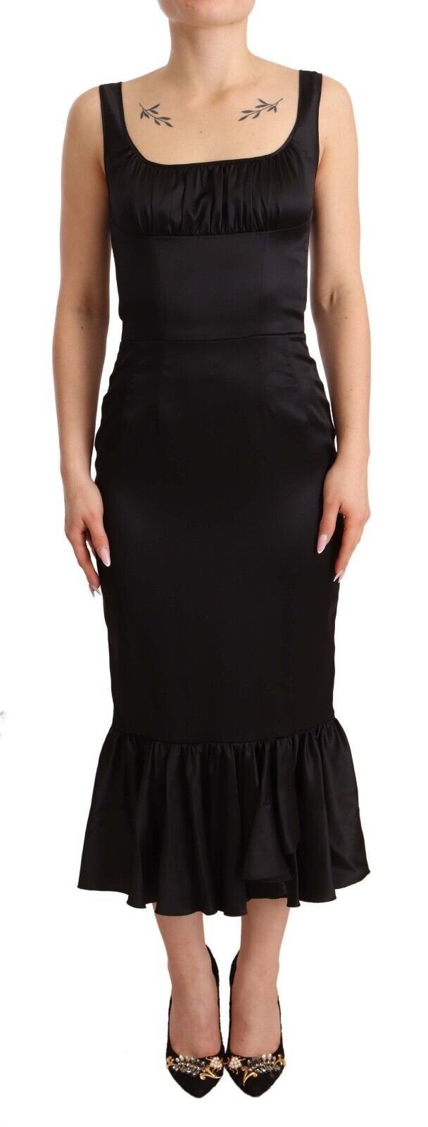 Elegant Black Silk Midi Sheath Dress - ventzia
