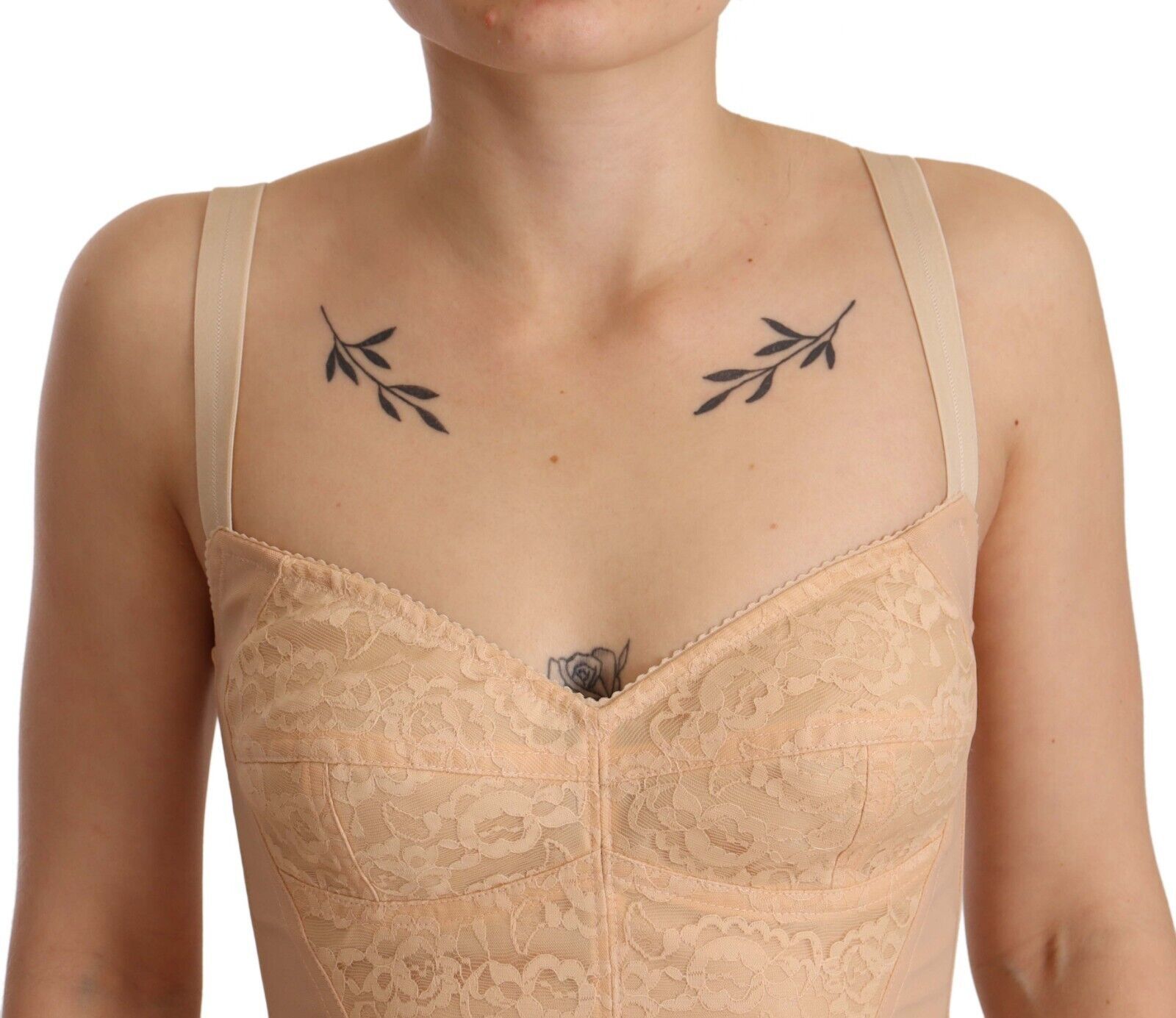 Beige Lace Panel Stretch Bodysuit - ventzia