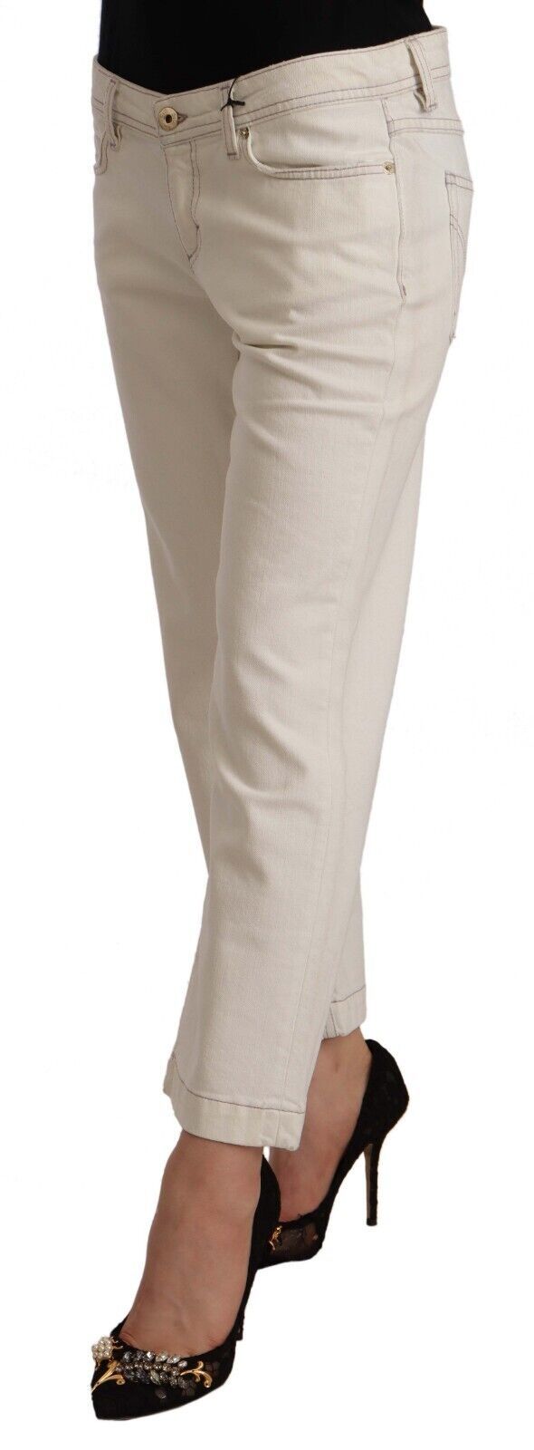 Off White Cotton Flared Cropped Denim Jeans - ventzia