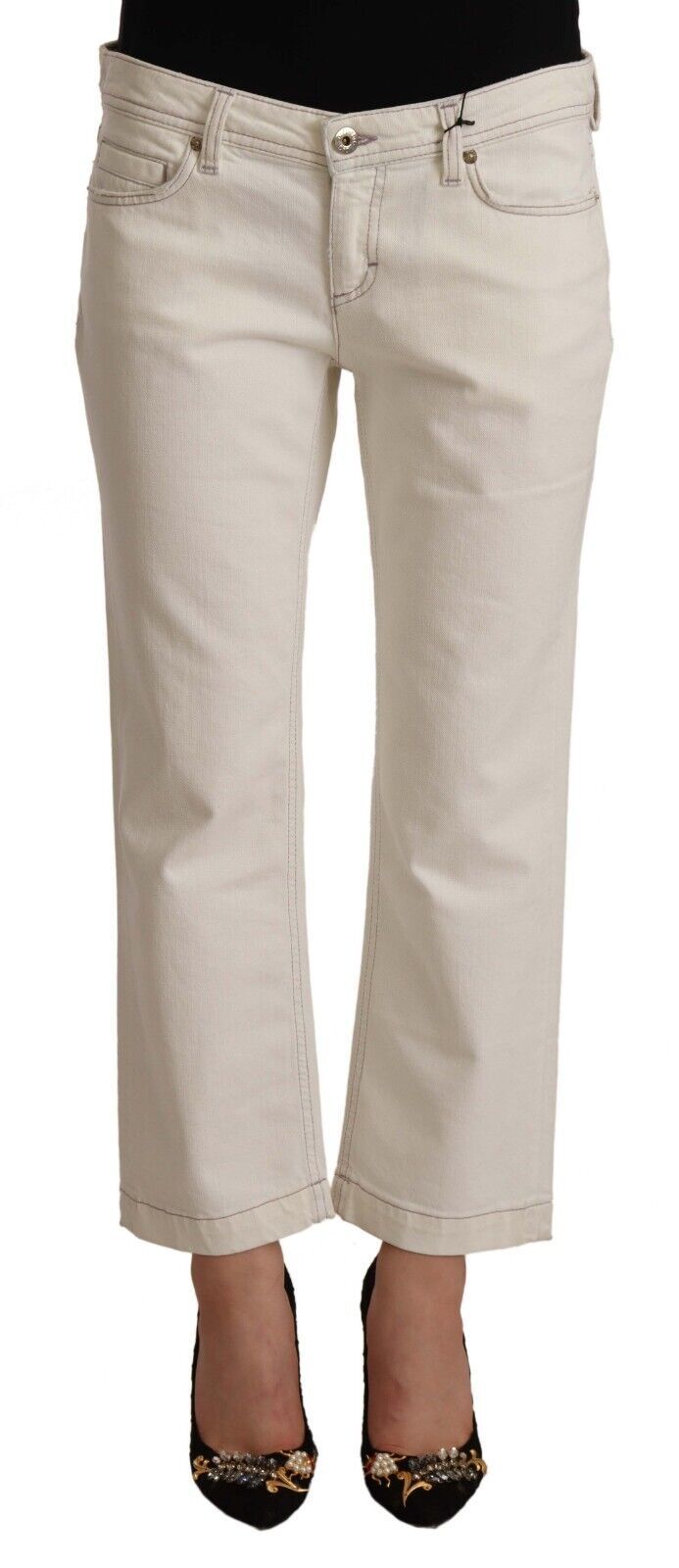 Off White Cotton Flared Cropped Denim Jeans - ventzia