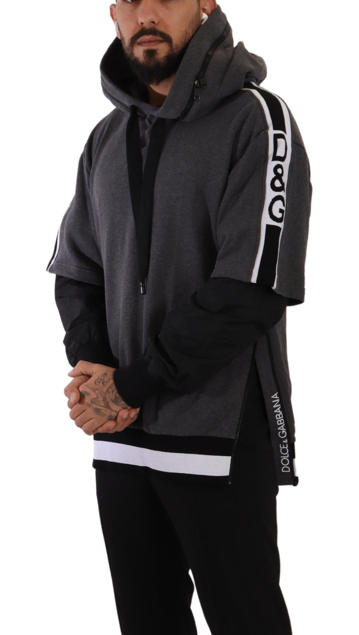 Elegant Hooded Black & Gray Pullover Sweatshirt - ventzia