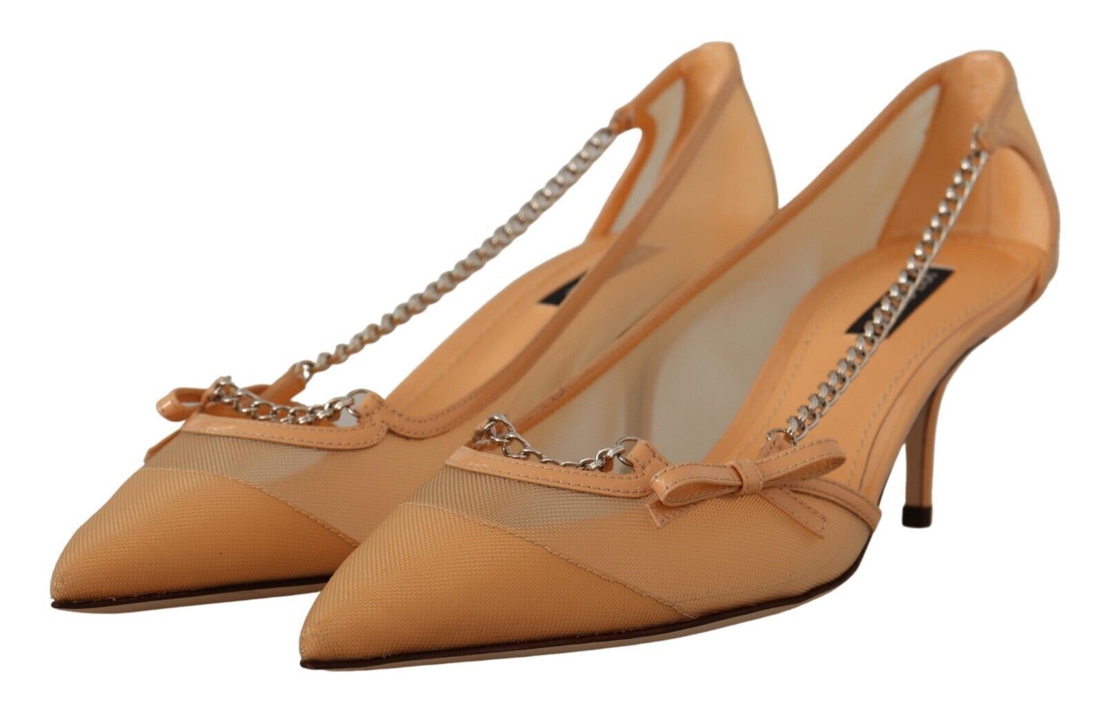 Elegant Beige Mesh Pumps with Silver Chains - ventzia