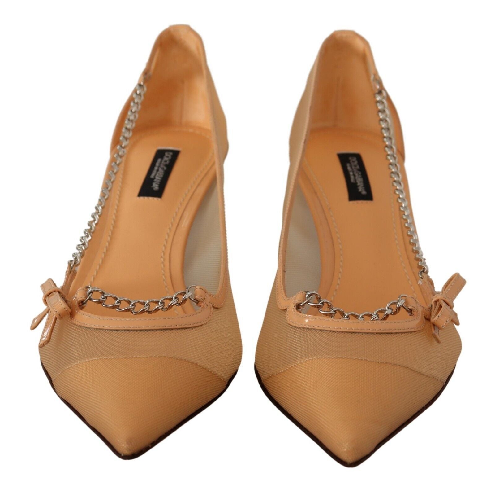 Elegant Beige Mesh Pumps with Silver Chains - ventzia