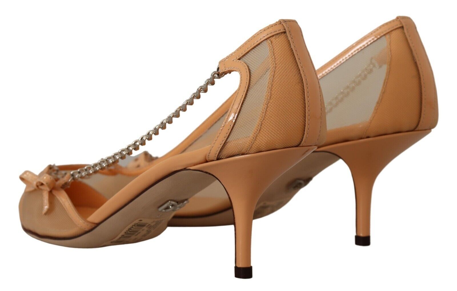 Elegant Beige Mesh Pumps with Silver Chains - ventzia