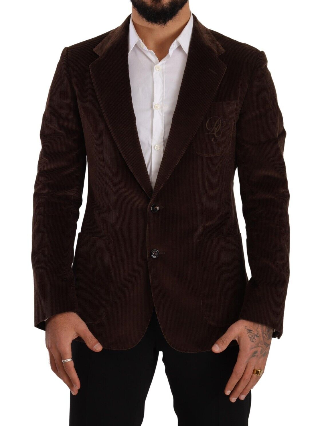 Brown Corduroy Slim Fit Coat DG Logo Blazer - ventzia