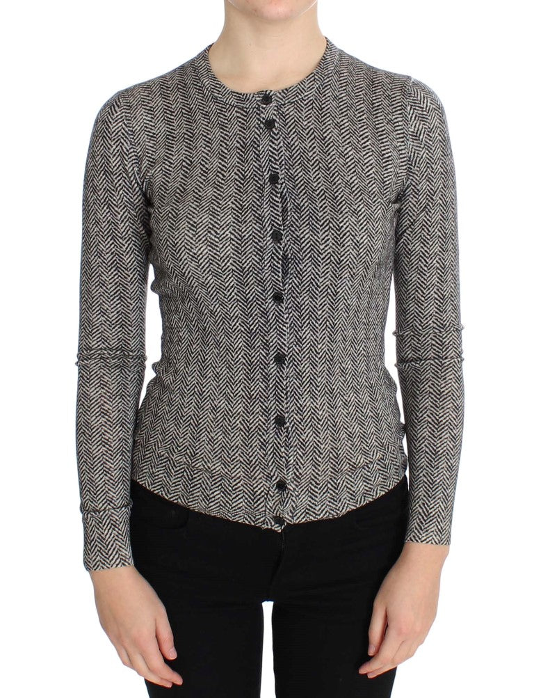 Elegant Black and White Wool Cardigan - ventzia
