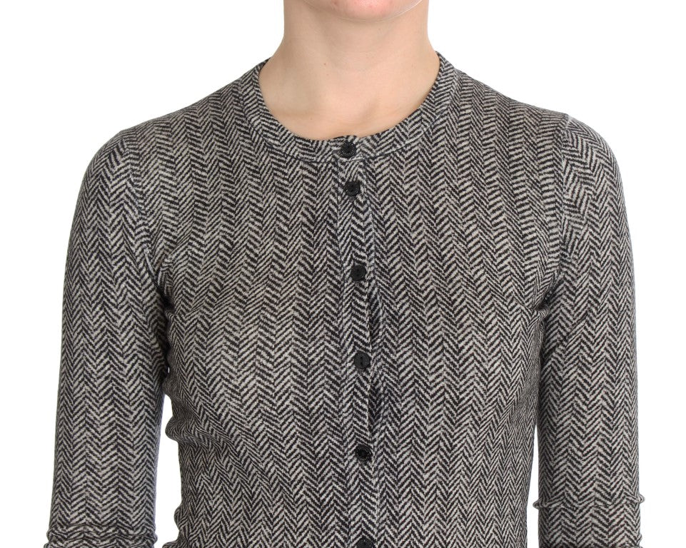 Elegant Black and White Wool Cardigan - ventzia