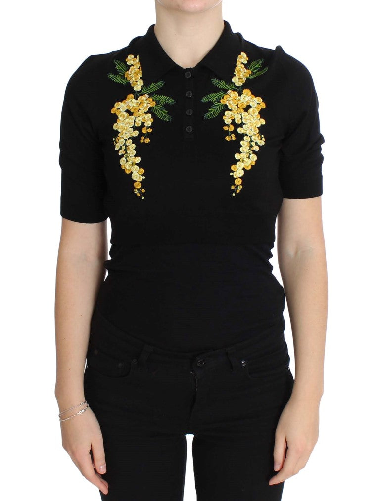 Elegant Black Silk Floral Polo Top - ventzia