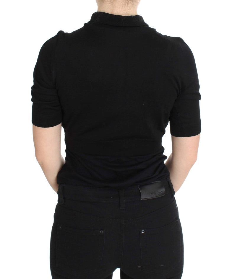 Elegant Black Silk Floral Polo Top - ventzia