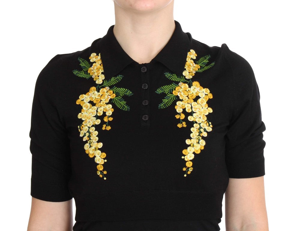 Elegant Black Silk Floral Polo Top - ventzia