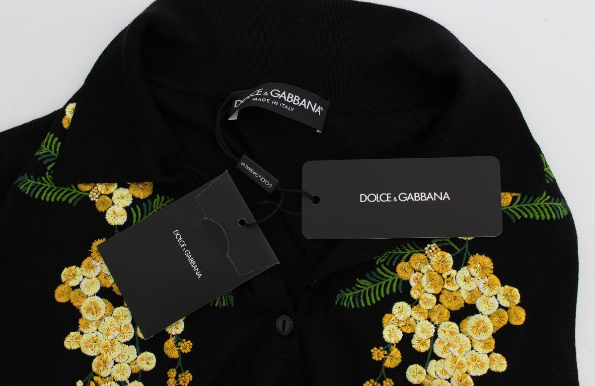 Elegant Black Silk Floral Polo Top - ventzia