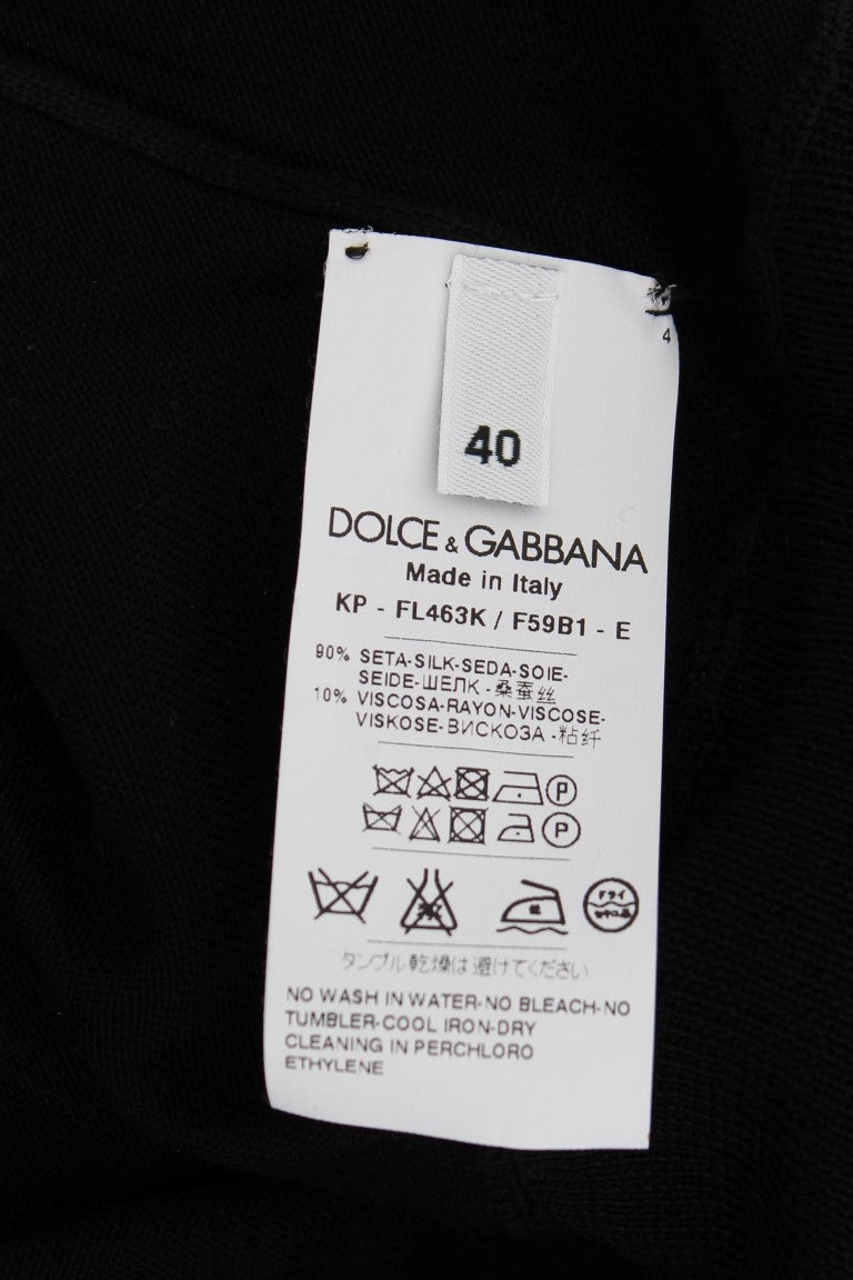 Elegant Black Silk Floral Polo Top - ventzia