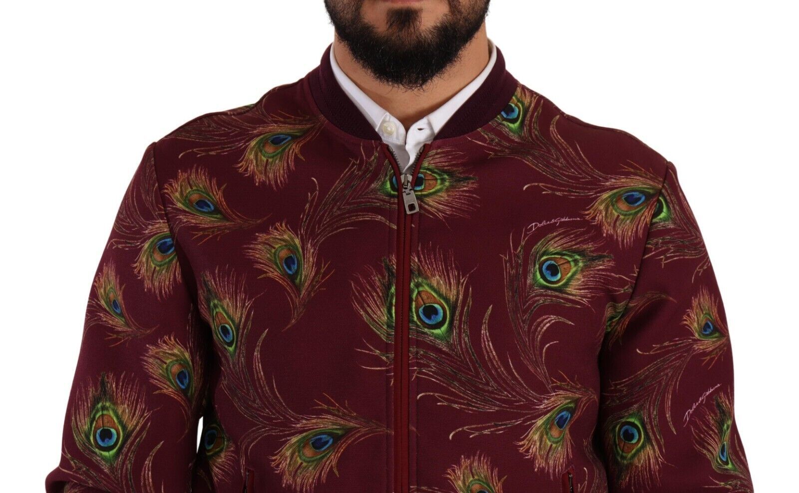 Radiant Red Peacock Print Bomber Jacket - ventzia