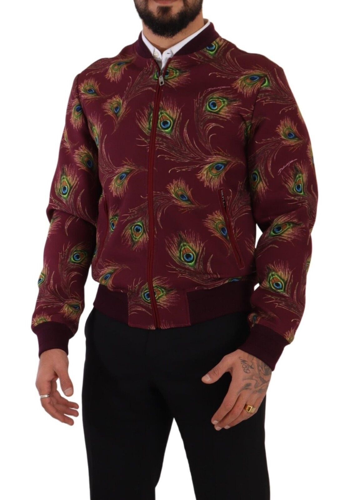 Radiant Red Peacock Print Bomber Jacket - ventzia