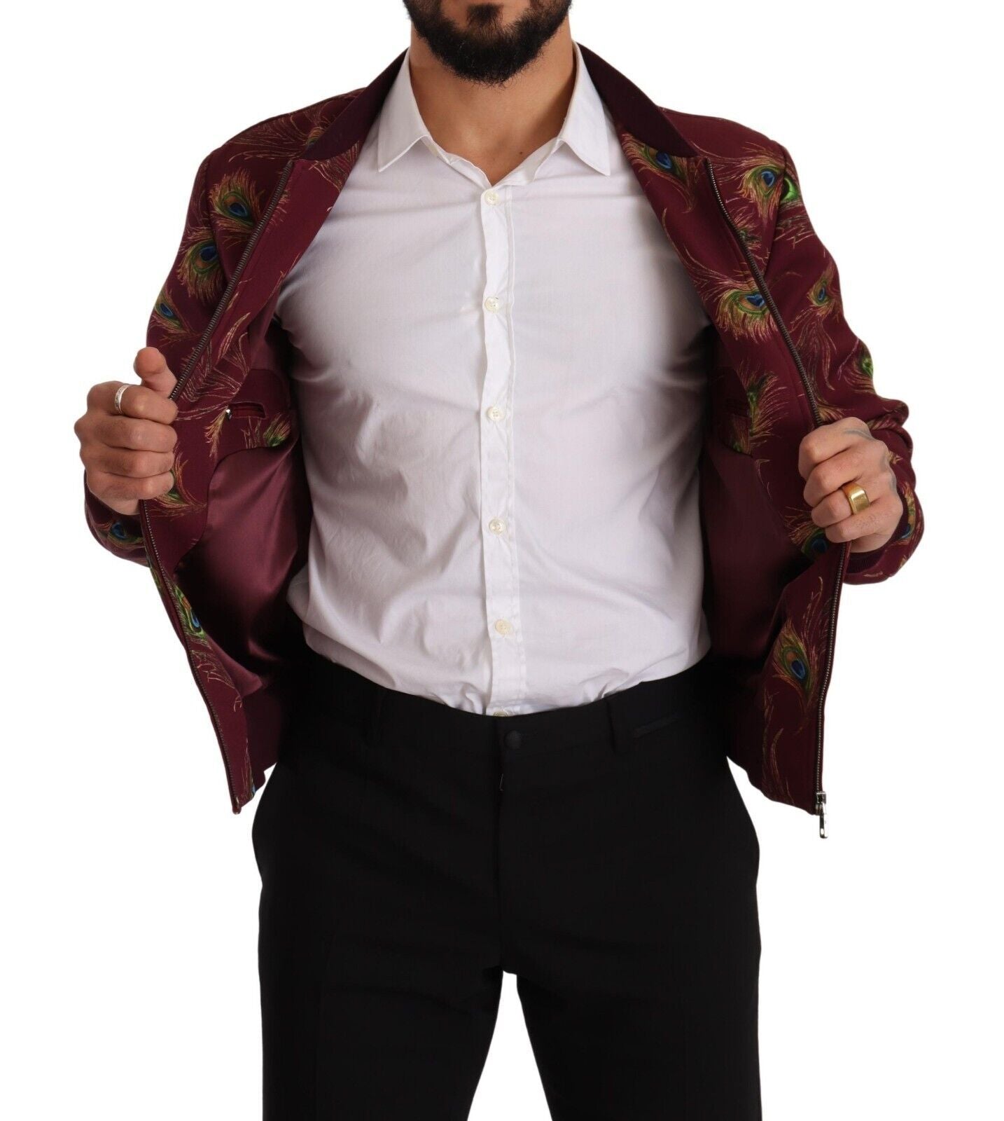 Radiant Red Peacock Print Bomber Jacket - ventzia