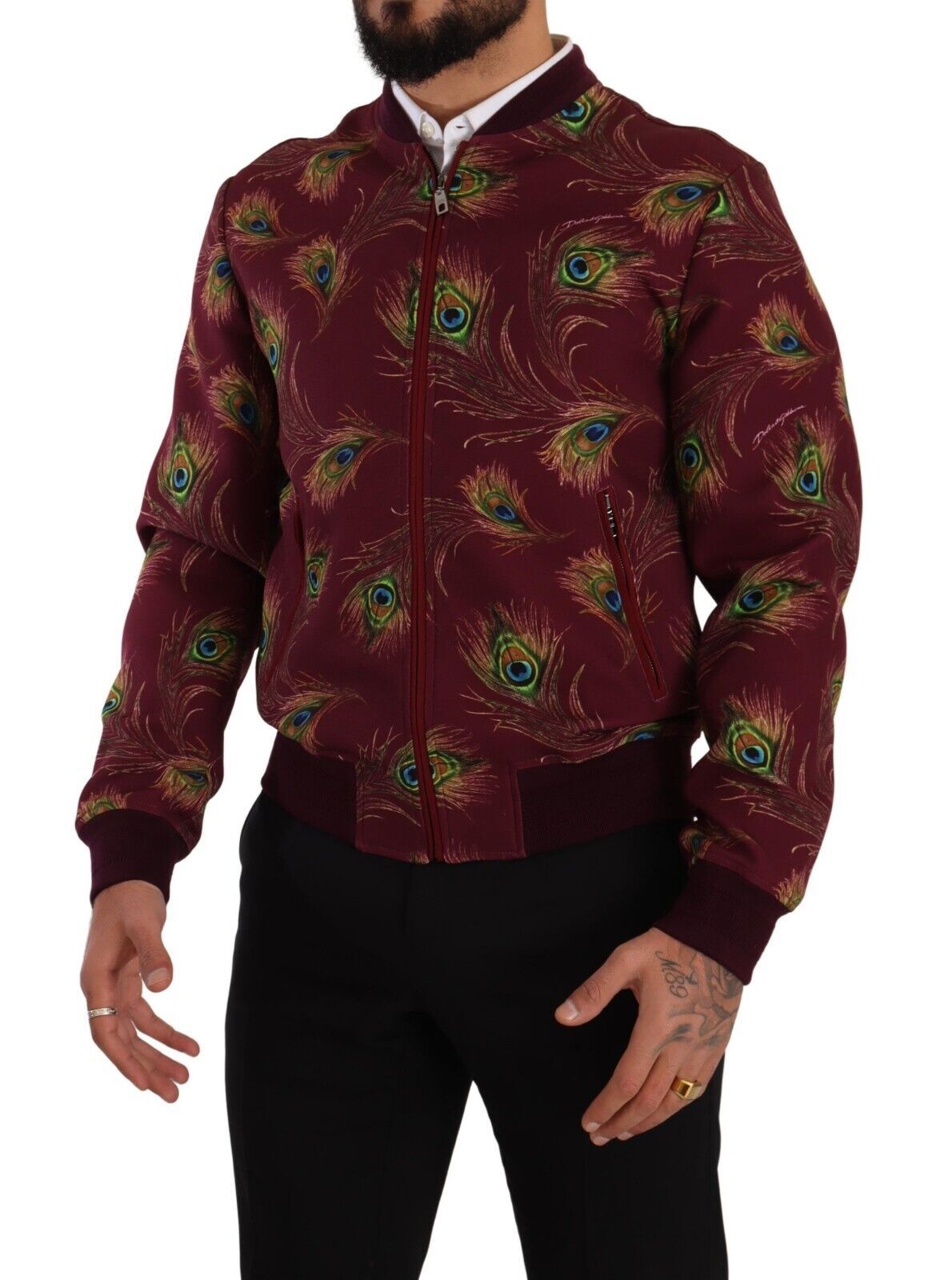 Radiant Red Peacock Print Bomber Jacket - ventzia