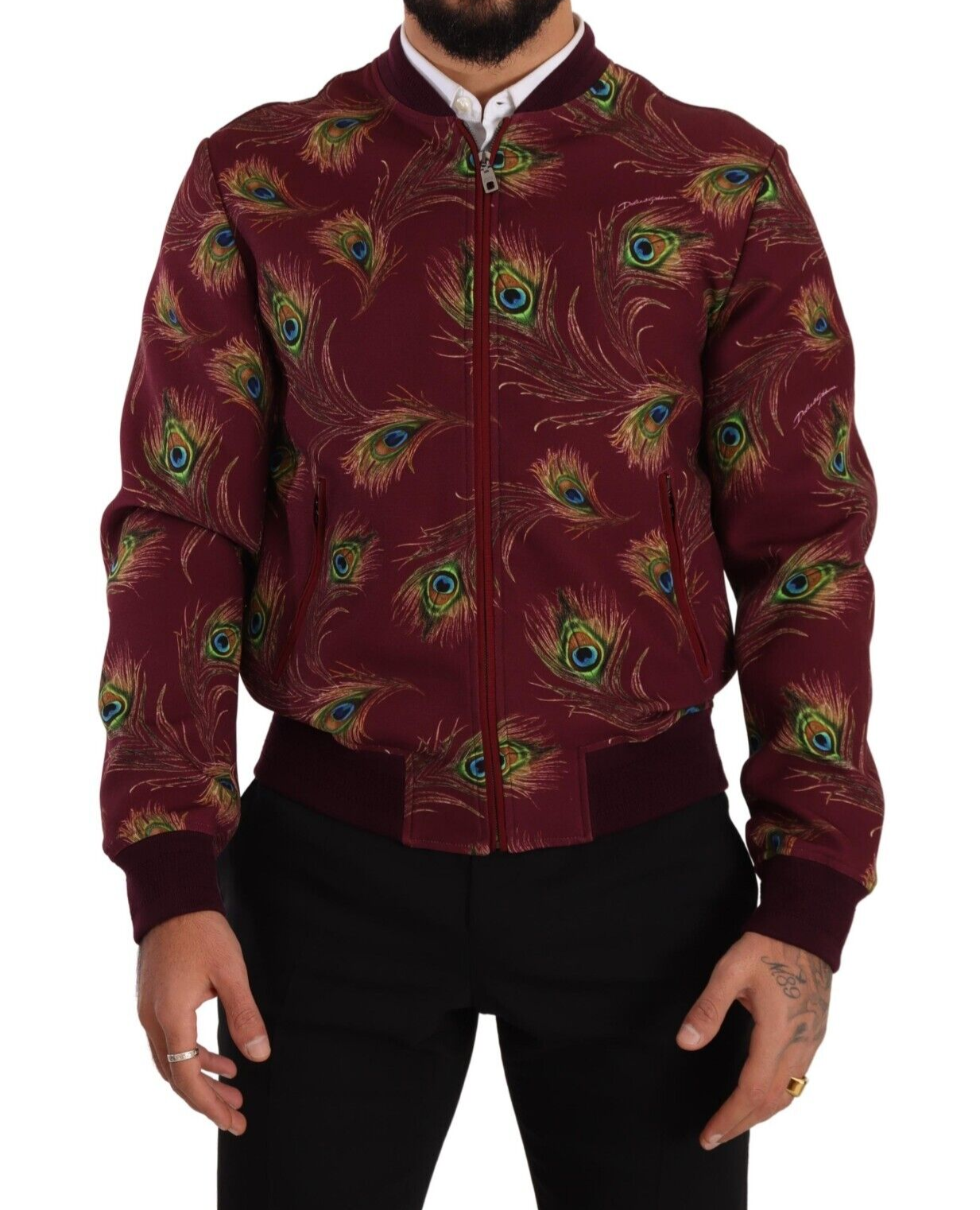 Radiant Red Peacock Print Bomber Jacket - ventzia