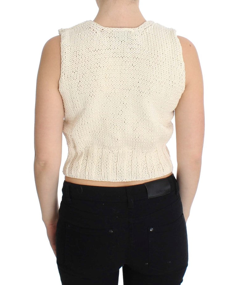 Beige Sleeveless Cotton Blend Vest Sweater - ventzia