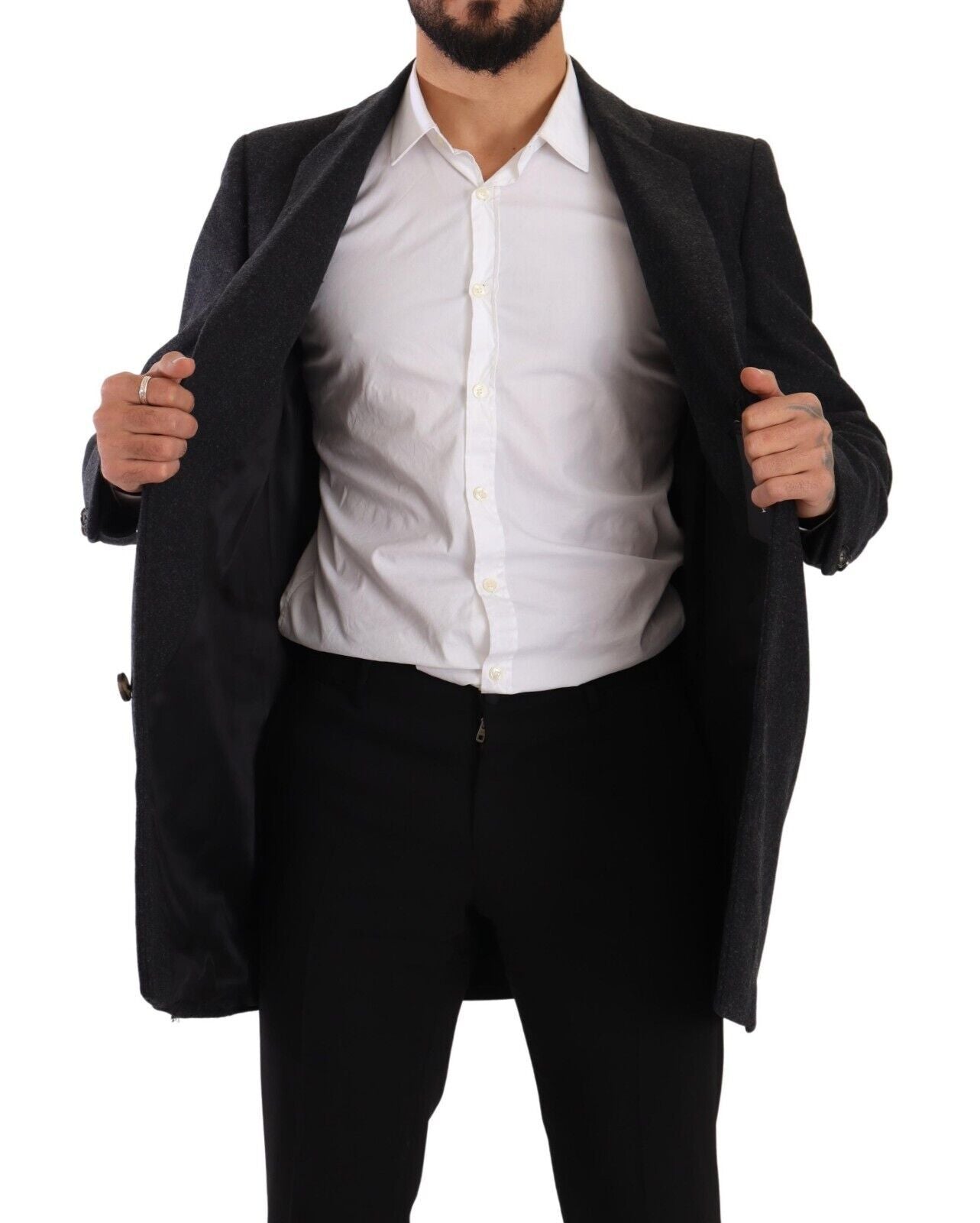 Elegant Dark Grey Woolen Overcoat - ventzia