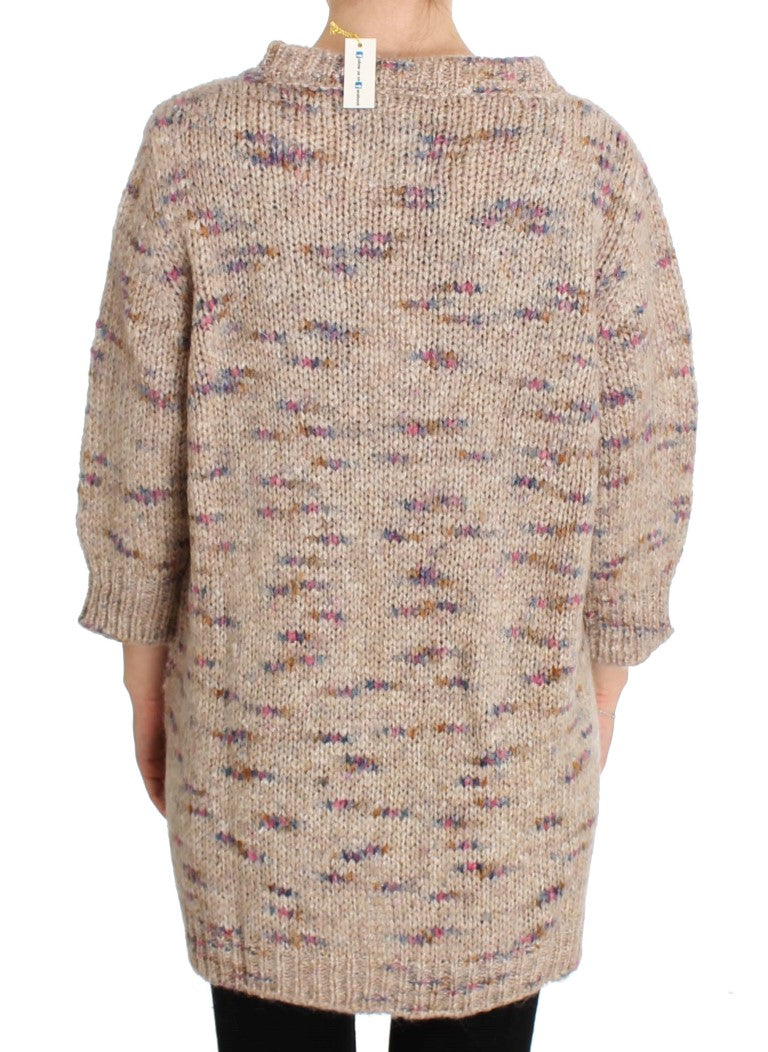 Beige Oversized V-Neck Knitted Sweater - ventzia