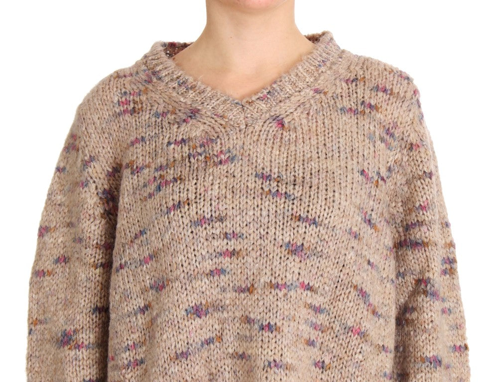 Beige Oversized V-Neck Knitted Sweater - ventzia