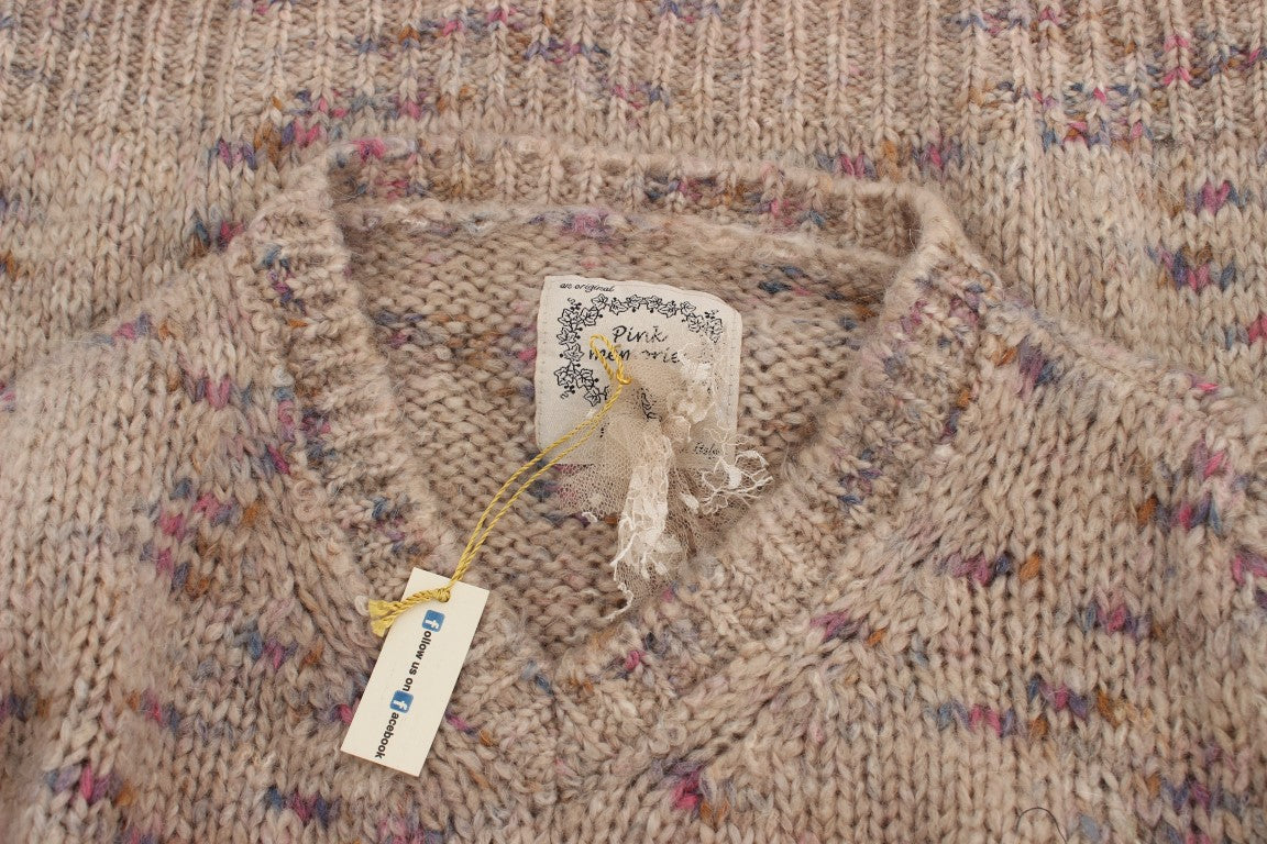 Beige Oversized V-Neck Knitted Sweater - ventzia