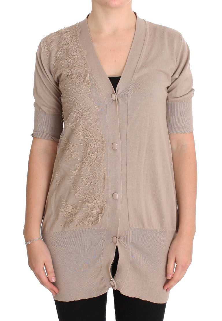 Elegant Pink Cotton Lace Cardigan - ventzia
