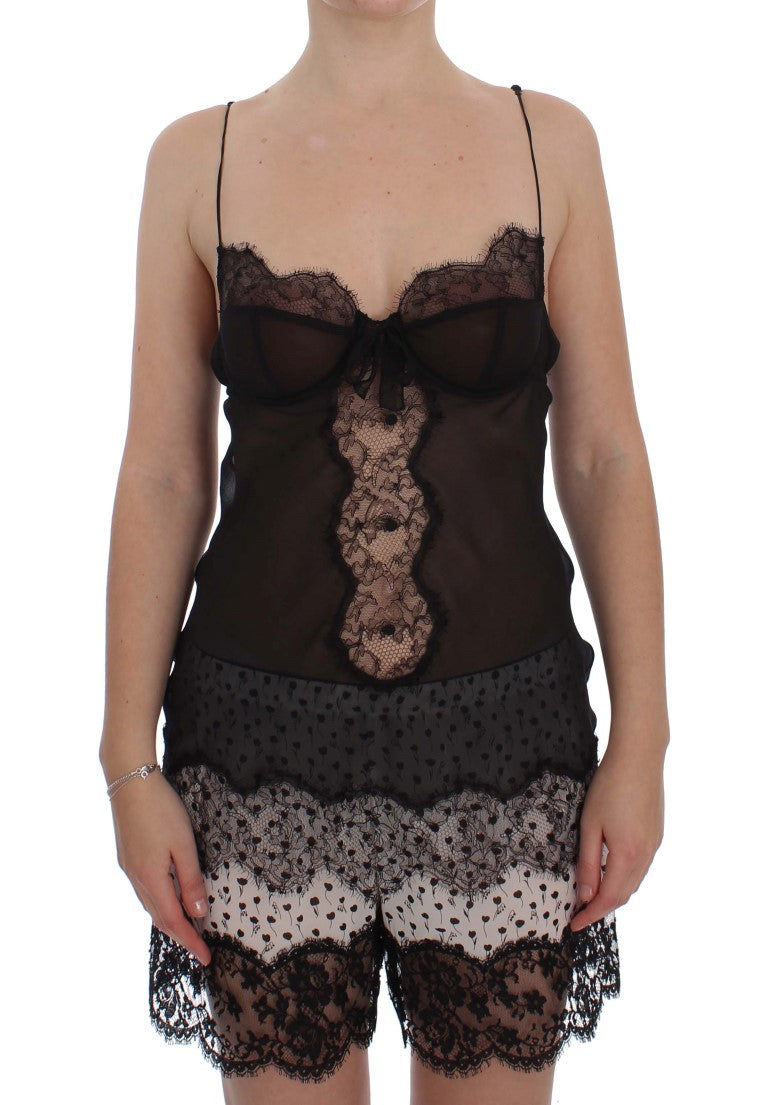 Elegant Black Silk Lace Lingerie Chemise - ventzia